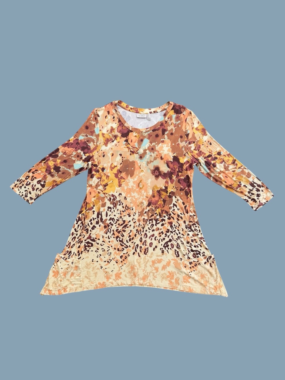 LOGO Lori Goldstein Brown Floral, Leopard, Cheetah Gradient Mixed-Print Tunic, M
